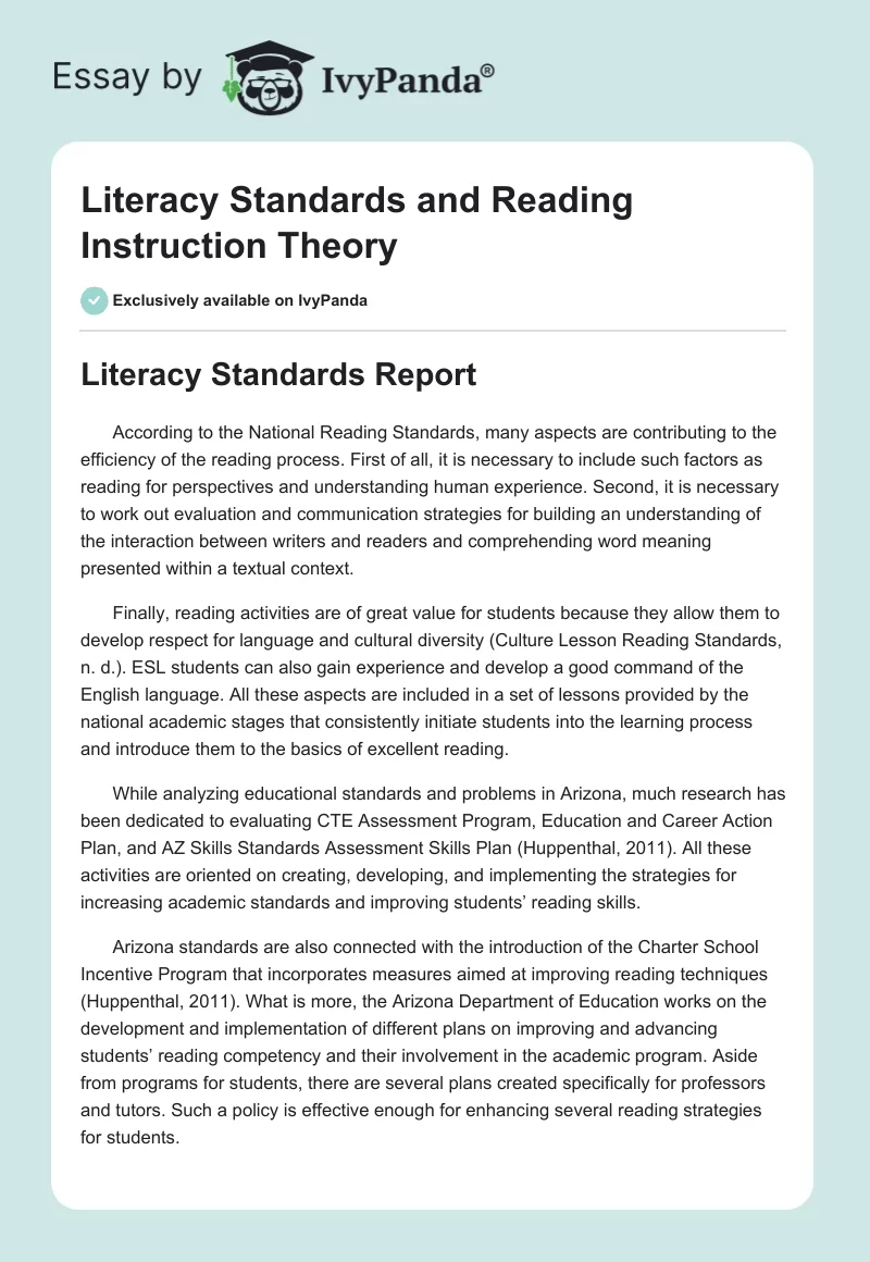 Literacy Standards and Reading Instruction Theory. Page 1