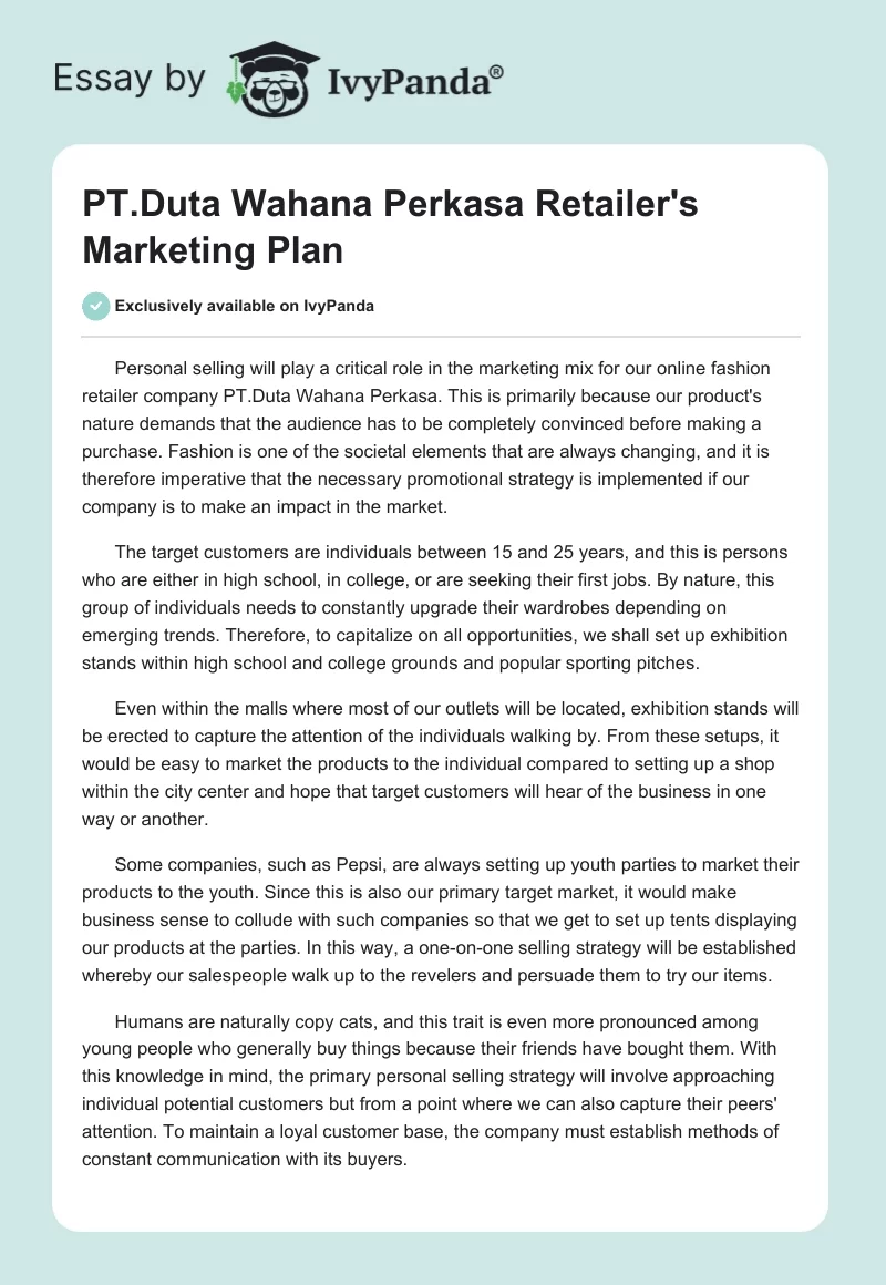 PT.Duta Wahana Perkasa Retailer's Marketing Plan. Page 1
