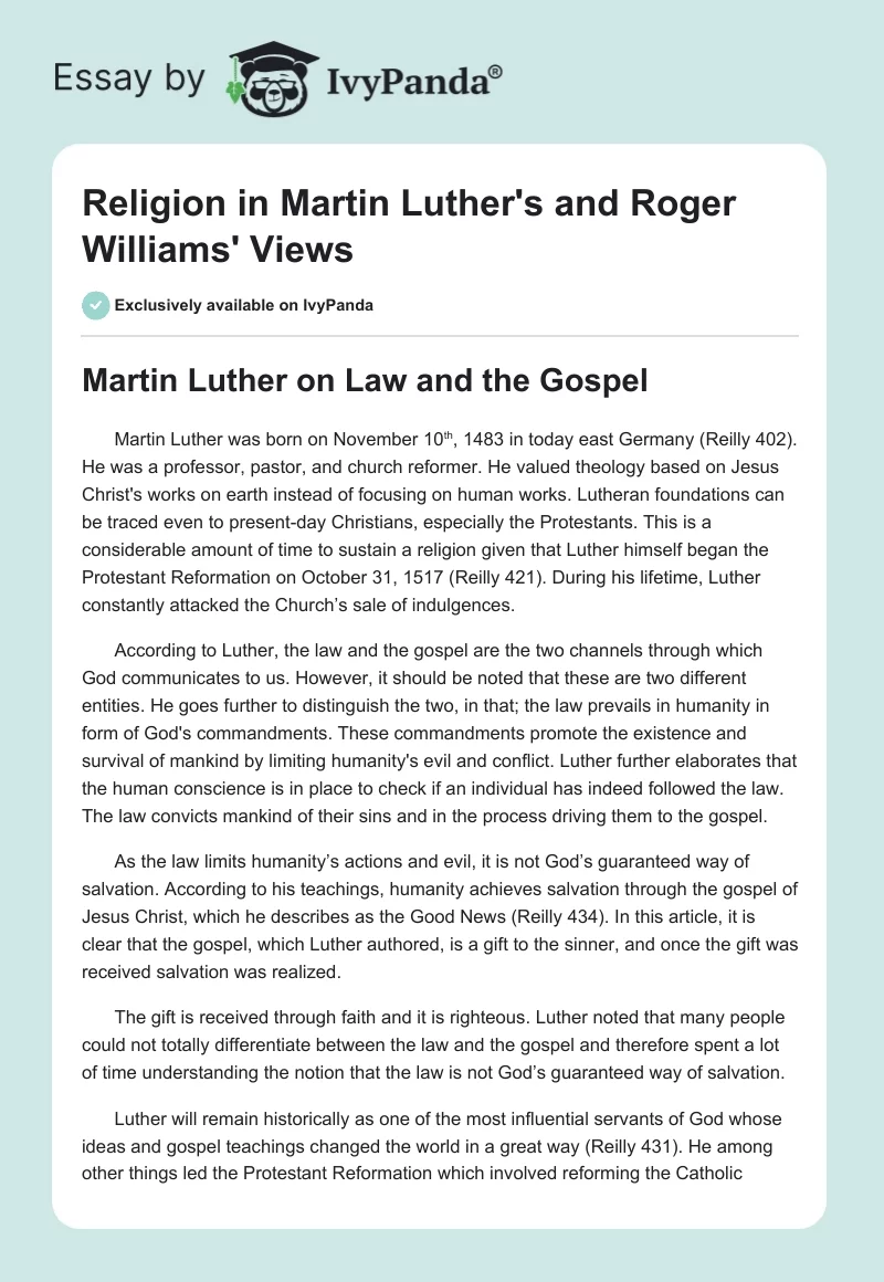 Religion in Martin Luther's and Roger Williams' Views. Page 1