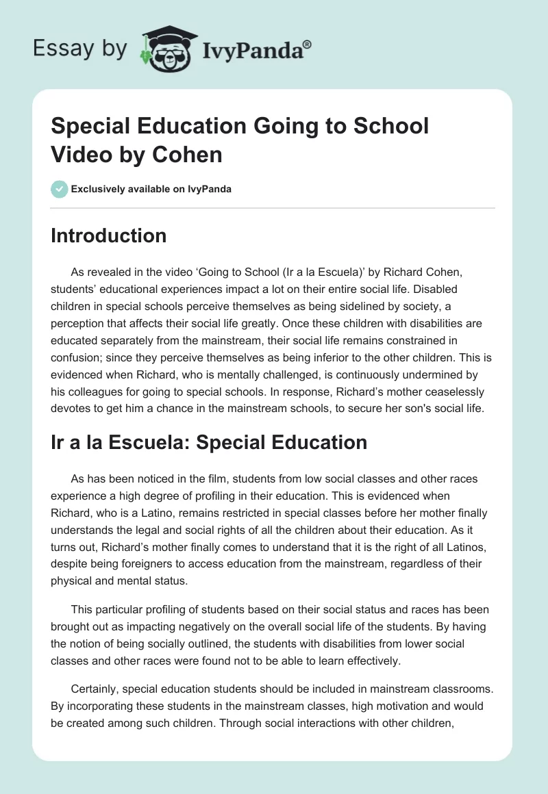 Special Education "Going to School" Video by Cohen. Page 1