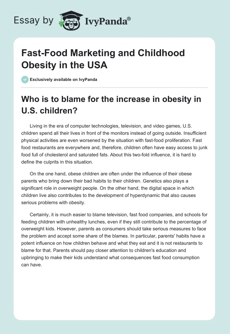 Fast-Food Marketing and Childhood Obesity in the USA. Page 1