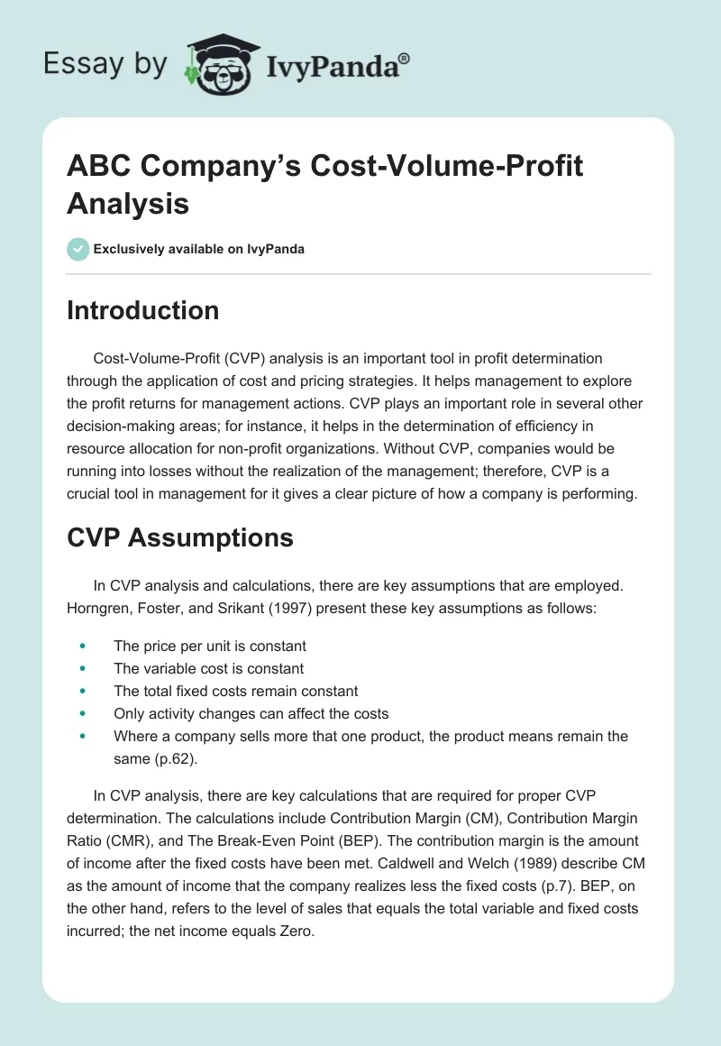 Abc Companys Cost Volume Profit Analysis 553 Words Essay Example 4158