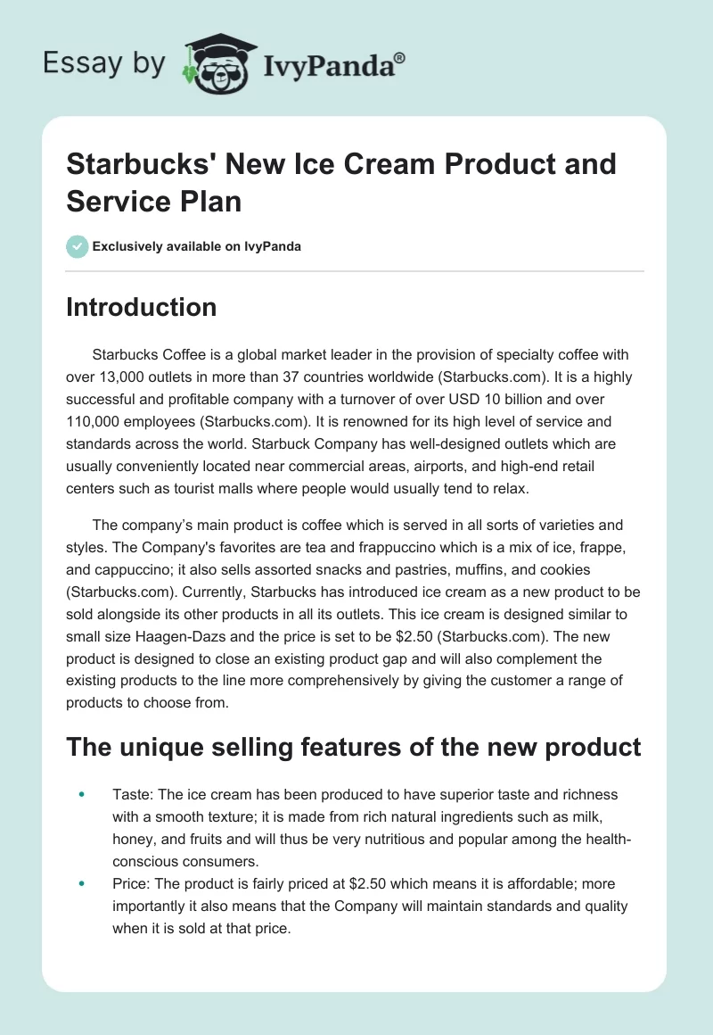 Starbucks' New Ice Cream Product and Service Plan. Page 1