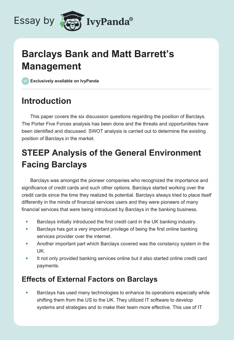 Barclays Bank and Matt Barrett’s Management. Page 1