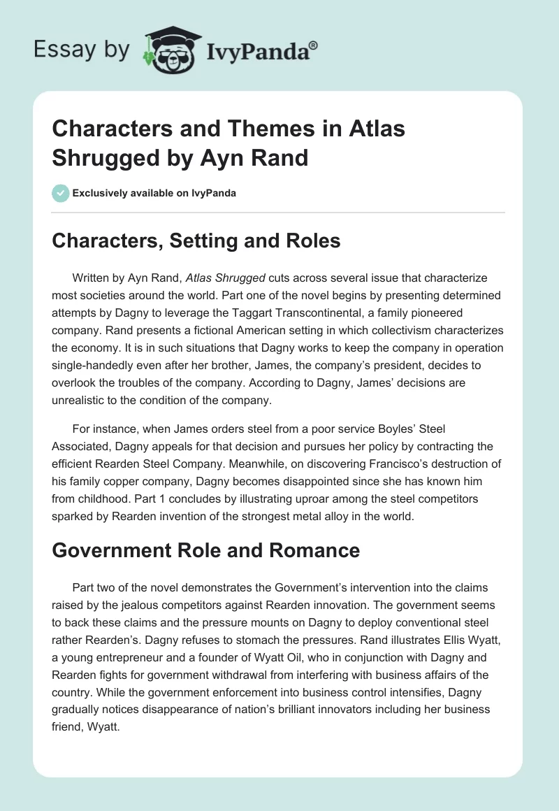 Characters and Themes in "Atlas Shrugged" by Ayn Rand. Page 1