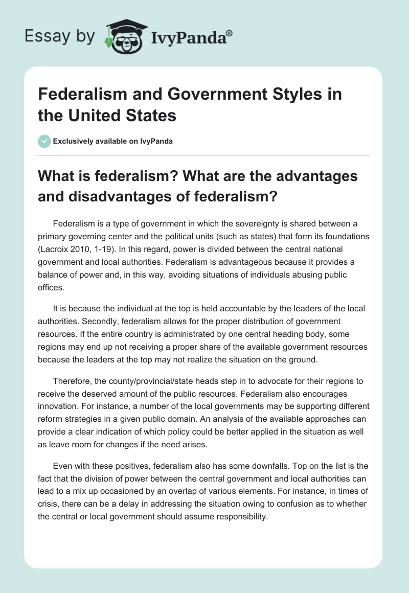 Federalism and Government Styles in the United States. Page 1