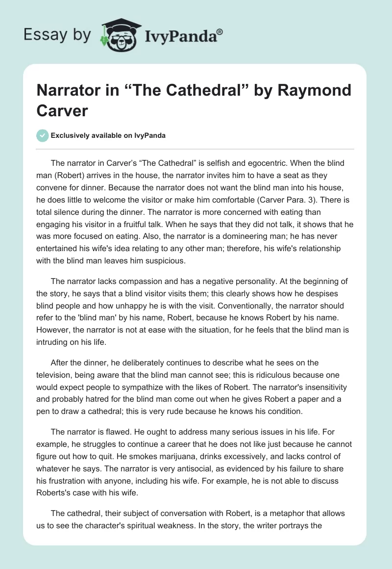 Narrator in “The Cathedral” by Raymond Carver. Page 1
