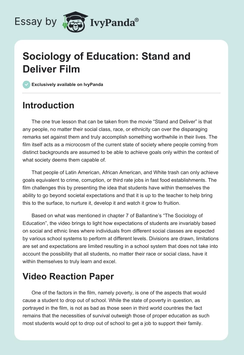 Sociology of Education: "Stand and Deliver" Film. Page 1