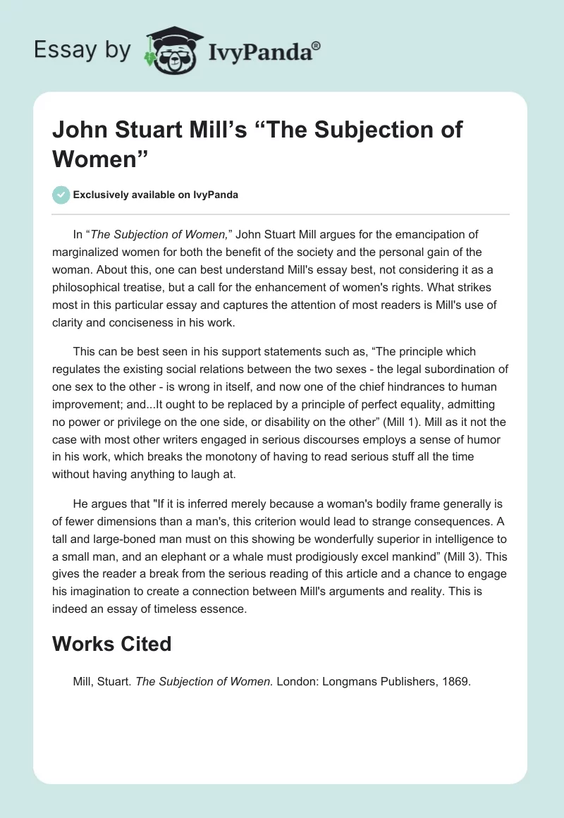 John Stuart Mill’s “The Subjection of Women”. Page 1