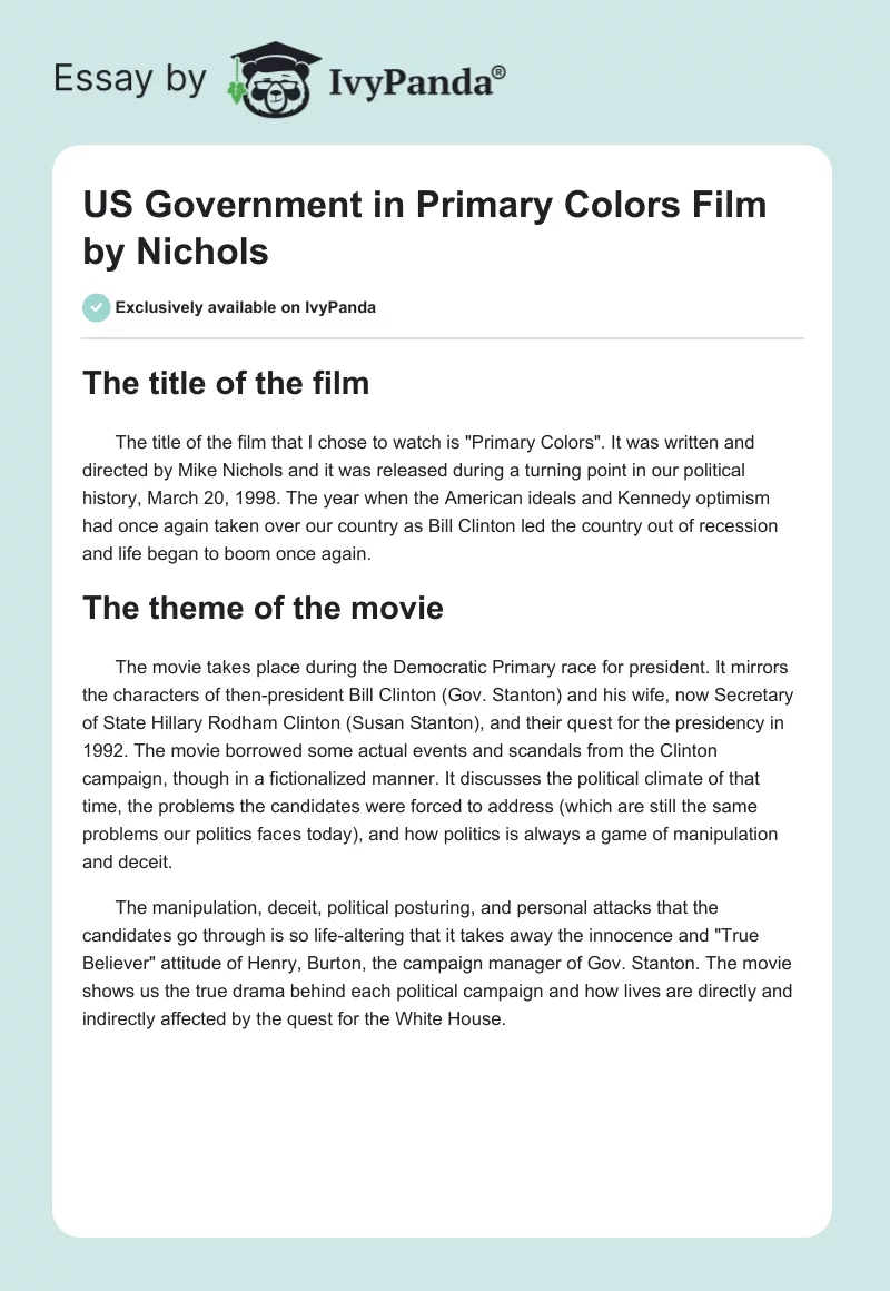 US Government in "Primary Colors" Film by Nichols. Page 1