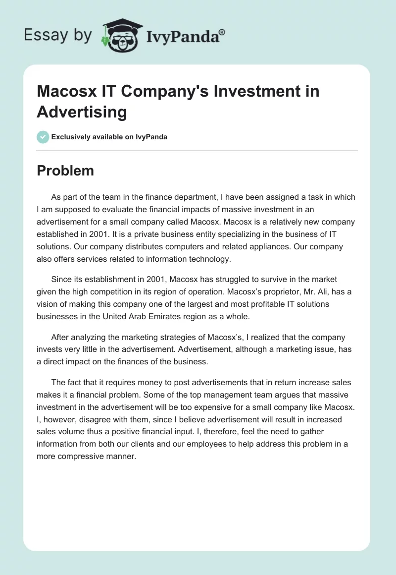 Macosx IT Company's Investment in Advertising. Page 1