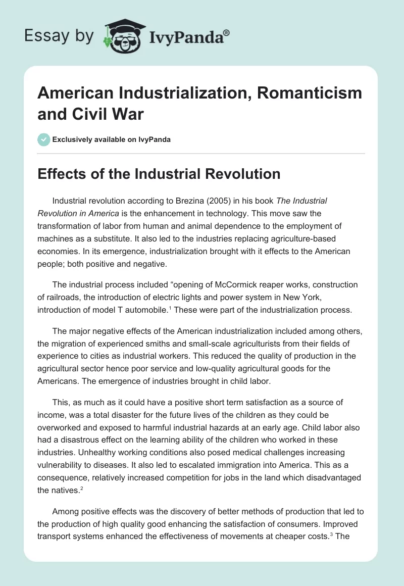 American Industrialization, Romanticism and Civil War. Page 1