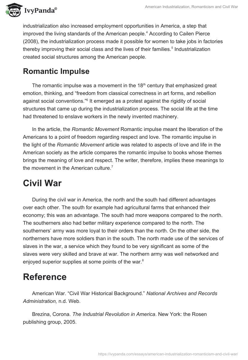 American Industrialization, Romanticism and Civil War. Page 2