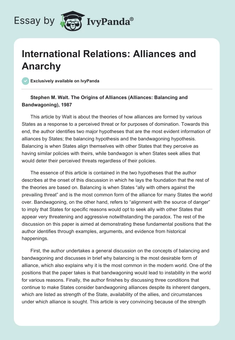 International Relations: Alliances and Anarchy. Page 1