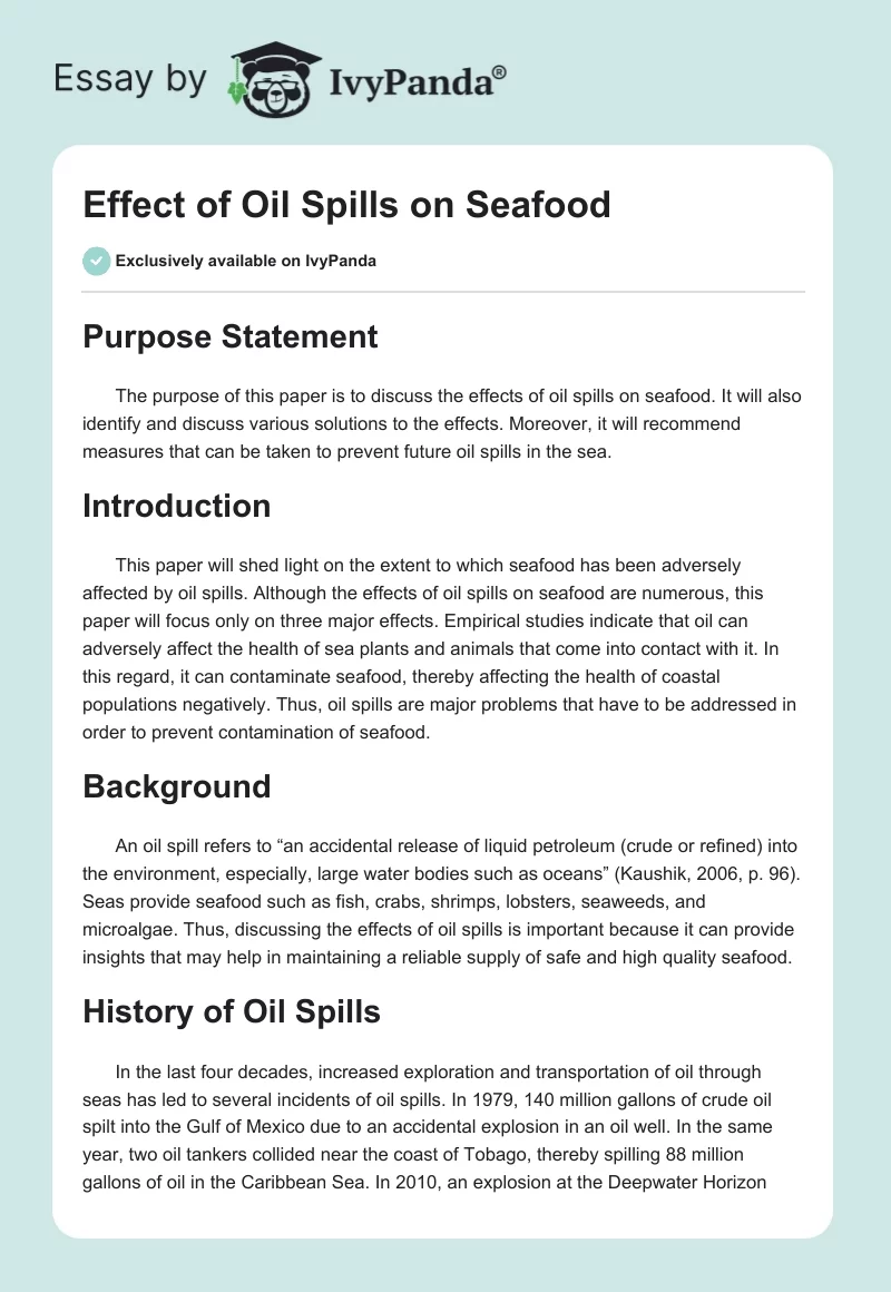 Effect of Oil Spills on Seafood. Page 1
