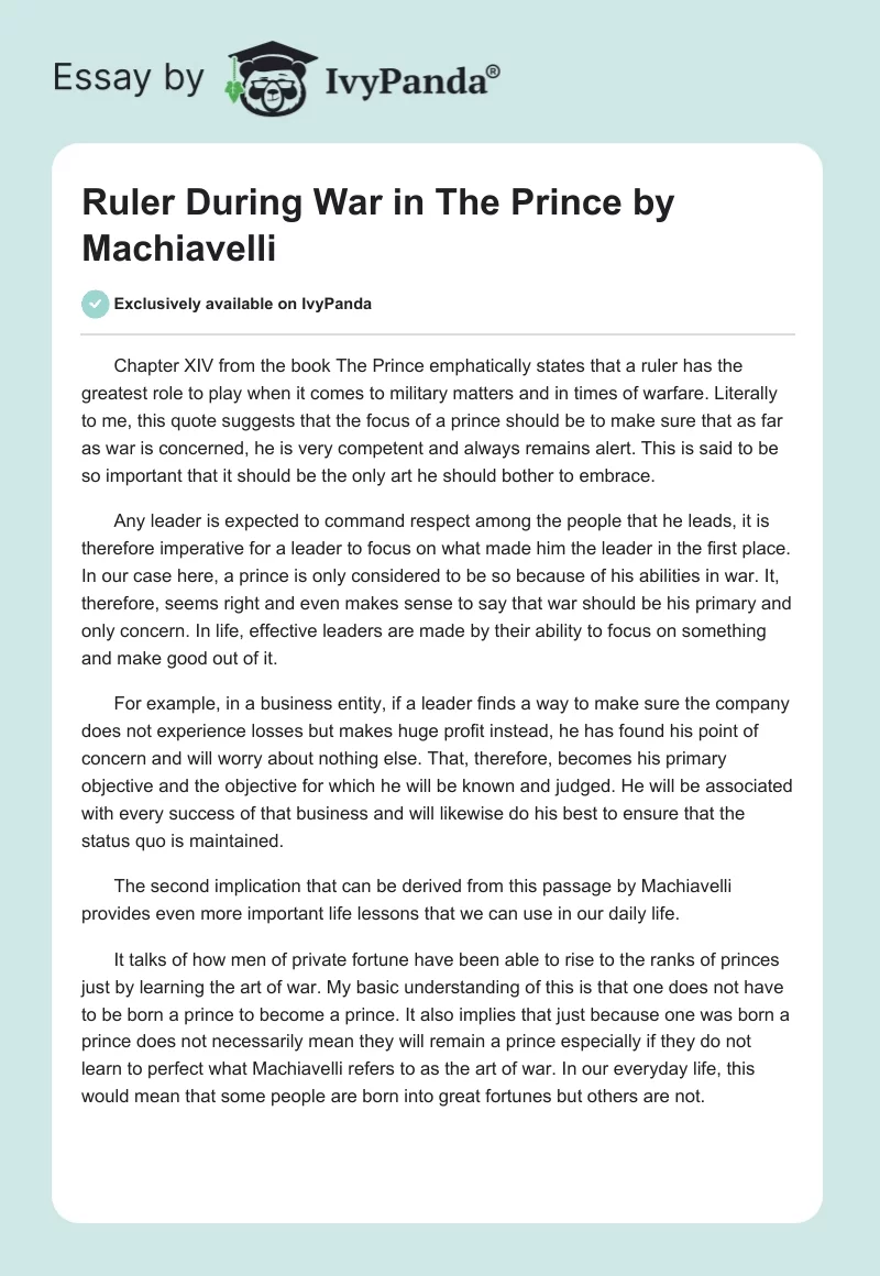 Ruler During War in "The Prince" by Machiavelli. Page 1