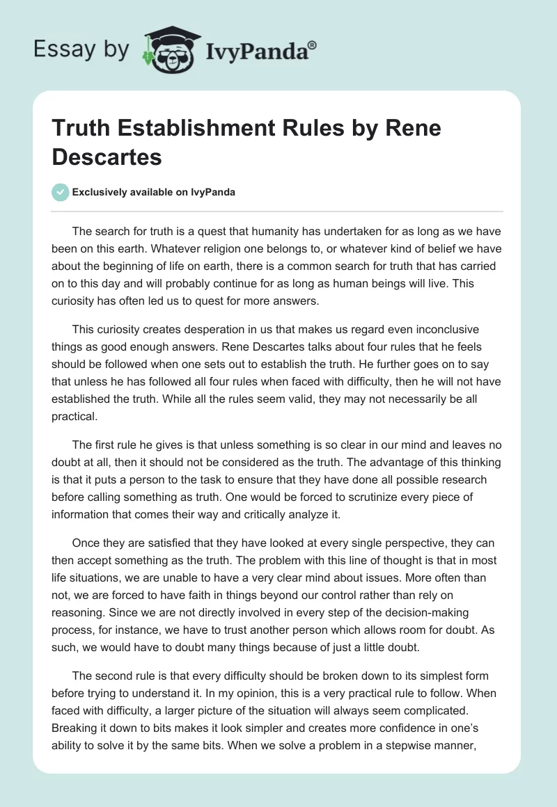 Truth Establishment Rules by Rene Descartes. Page 1