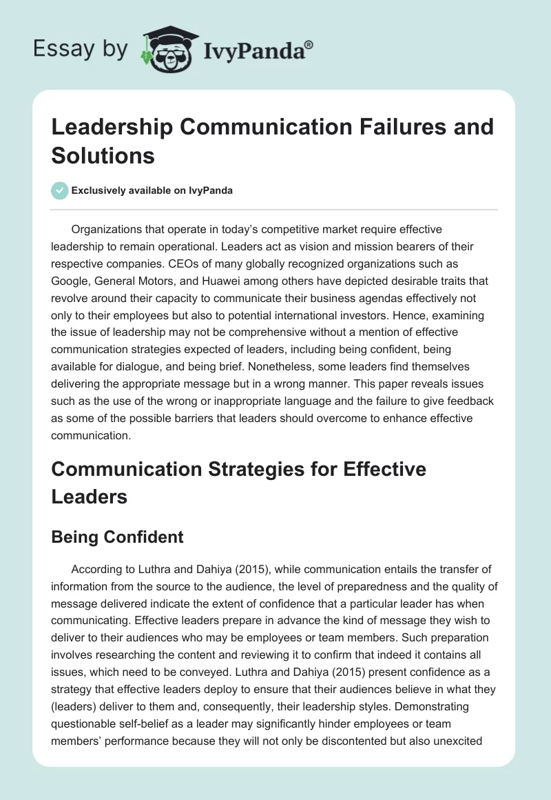 Leadership Communication Failures and Solutions. Page 1