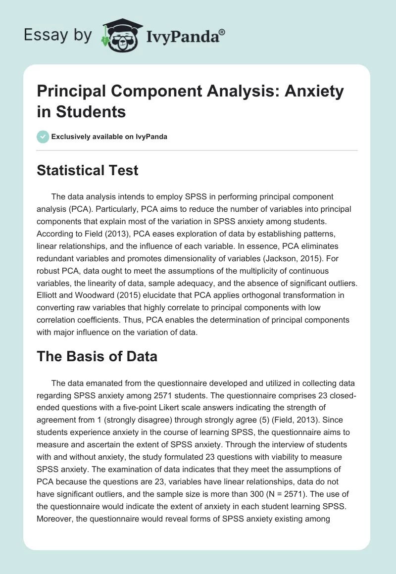 Principal Component Analysis: Anxiety in Students. Page 1