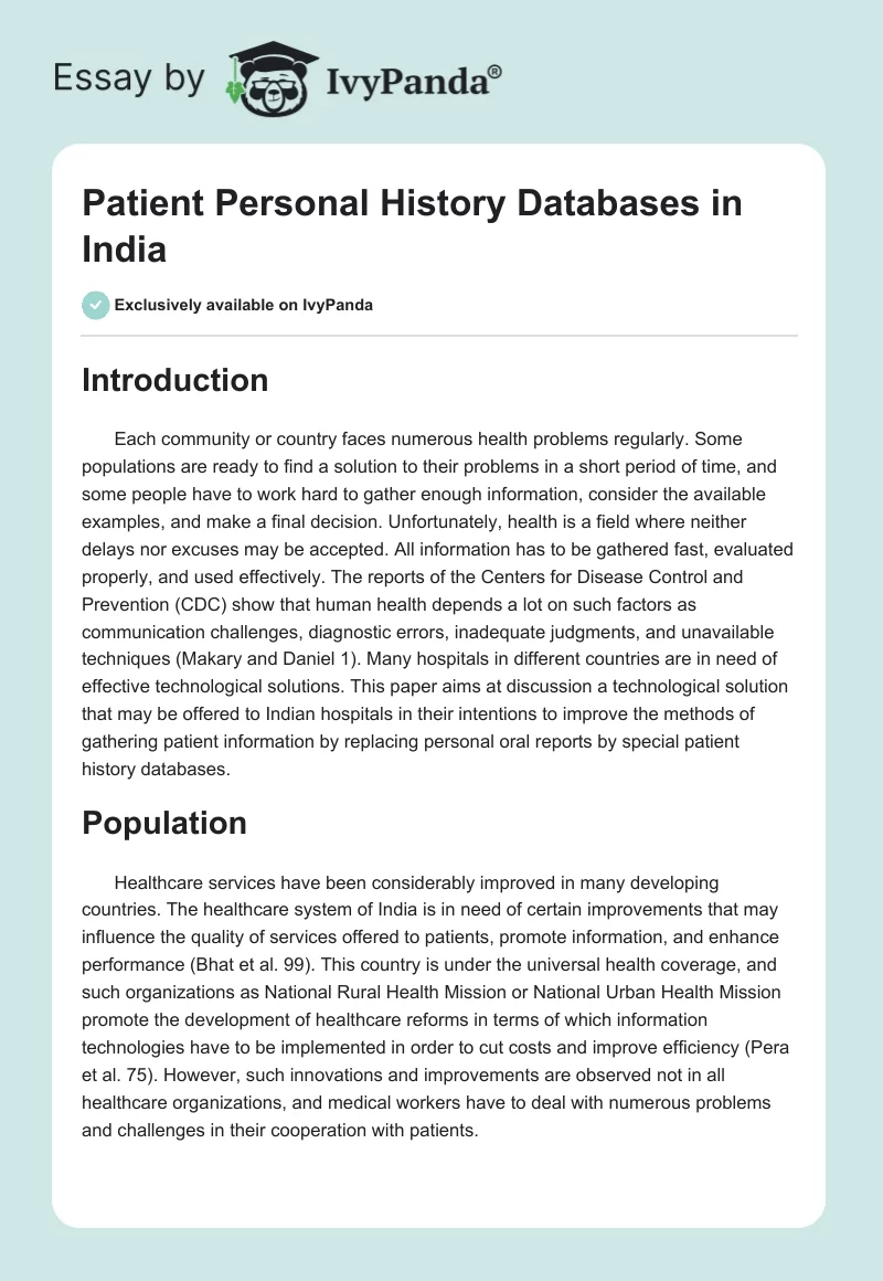 Patient Personal History Databases in India. Page 1