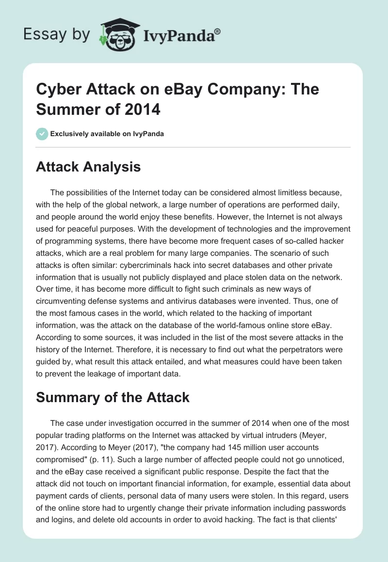 Cyber Attack on eBay Company: The Summer of 2014. Page 1