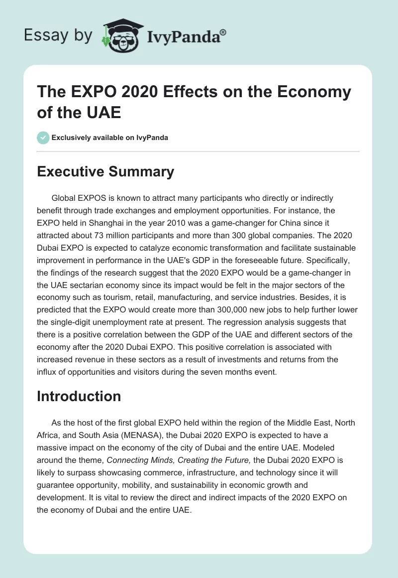 The EXPO 2020 Effects on the Economy of the UAE. Page 1