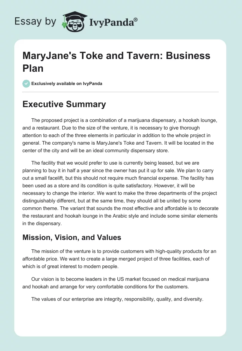 MaryJane's Toke and Tavern: Business Plan. Page 1