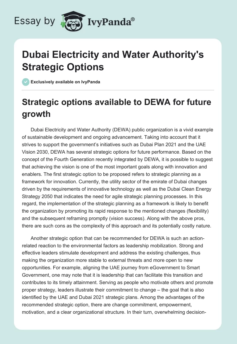 Dubai Electricity and Water Authority's Strategic Options. Page 1
