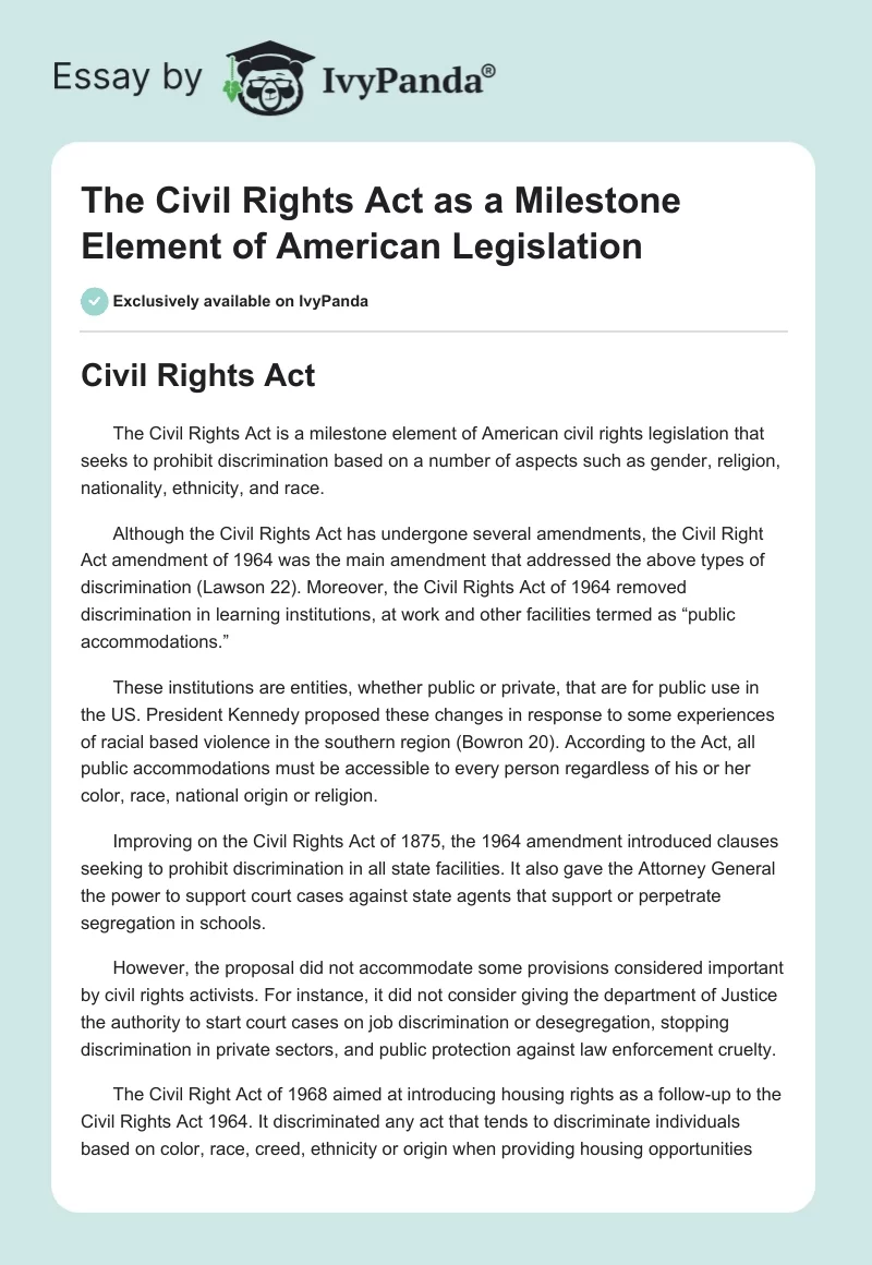 The Civil Rights Act as a Milestone Element of American Legislation. Page 1