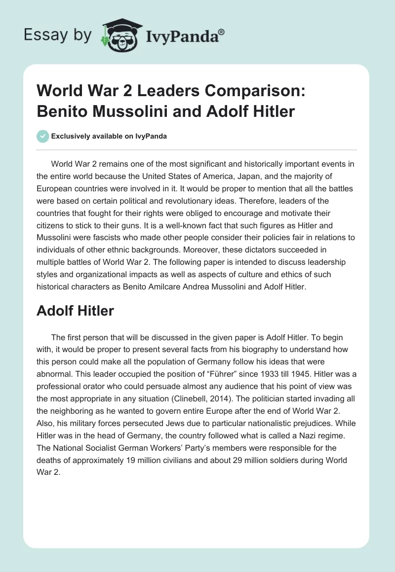 World War 2 Leaders Comparison: Benito Mussolini and Adolf Hitler. Page 1