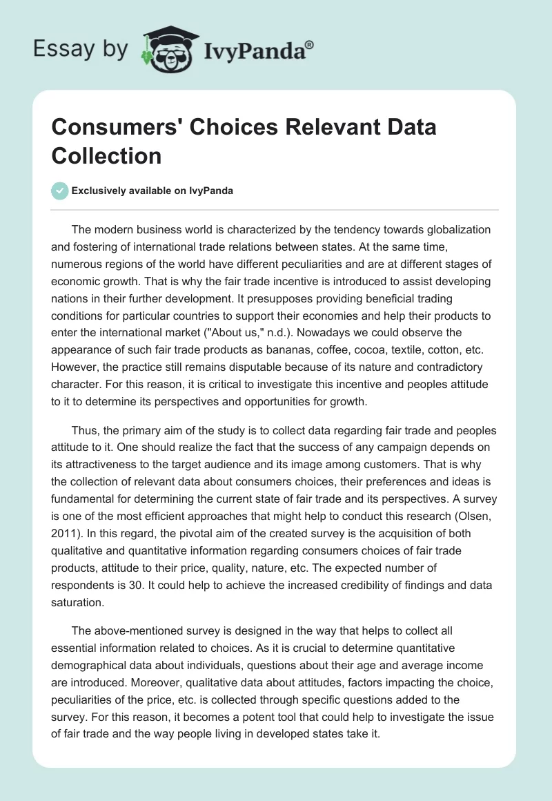 Consumers' Choices Relevant Data Collection. Page 1