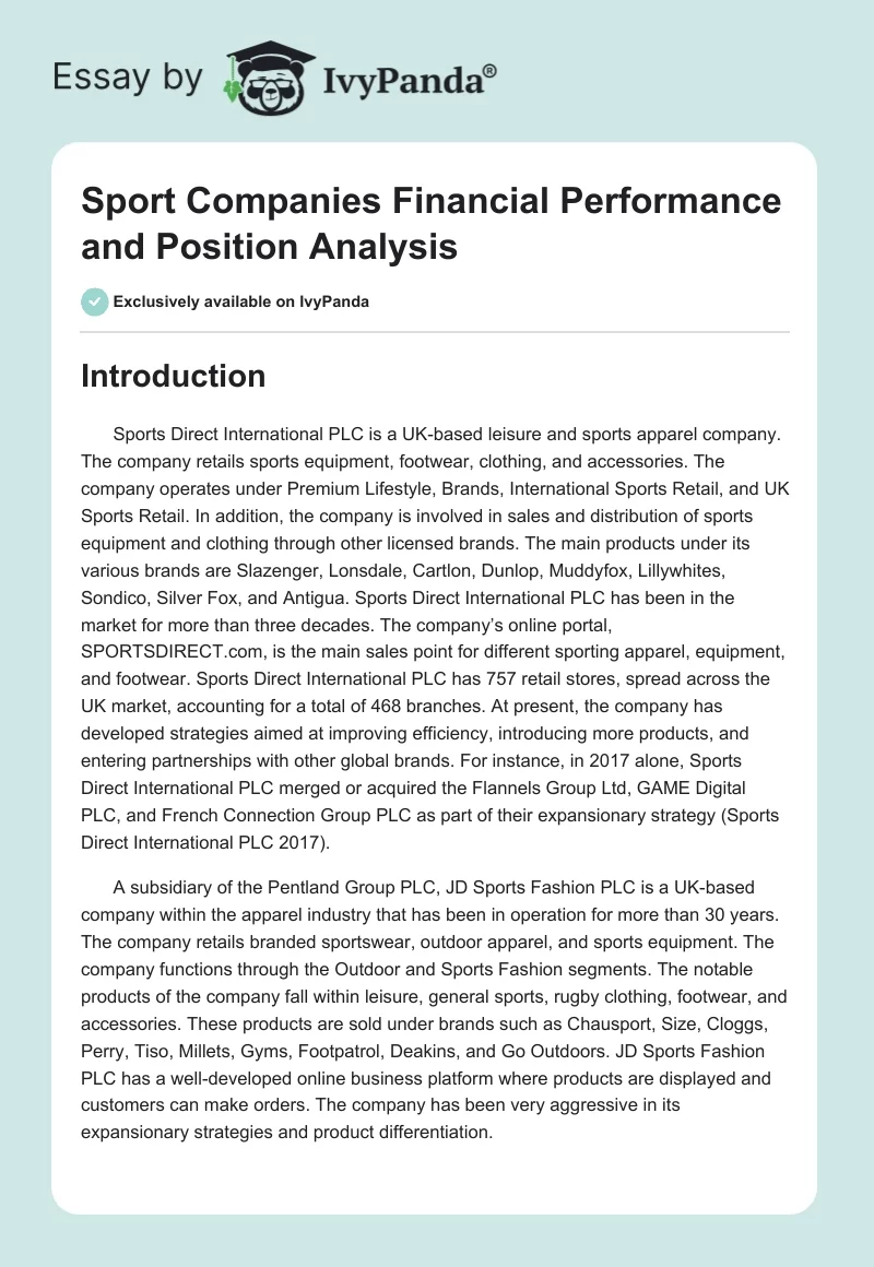 Sport Companies Financial Performance and Position Analysis. Page 1