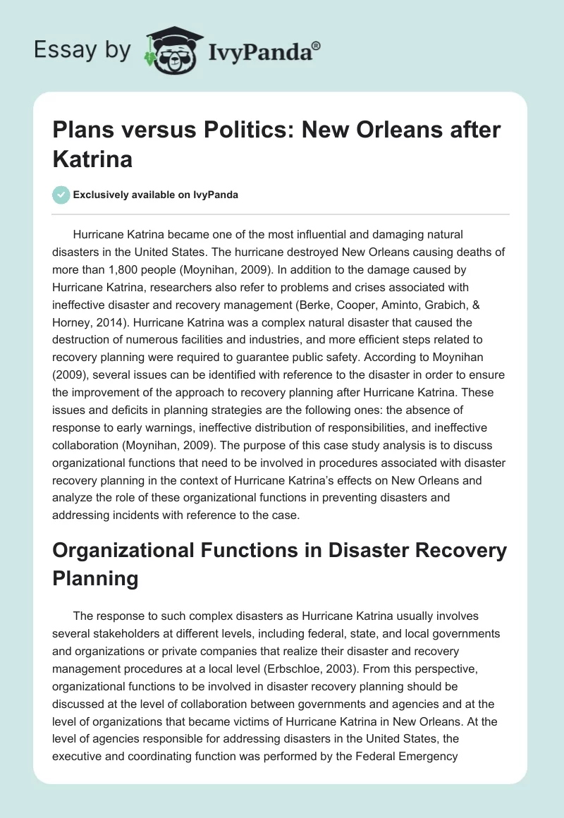 Plans versus Politics: New Orleans after Katrina. Page 1
