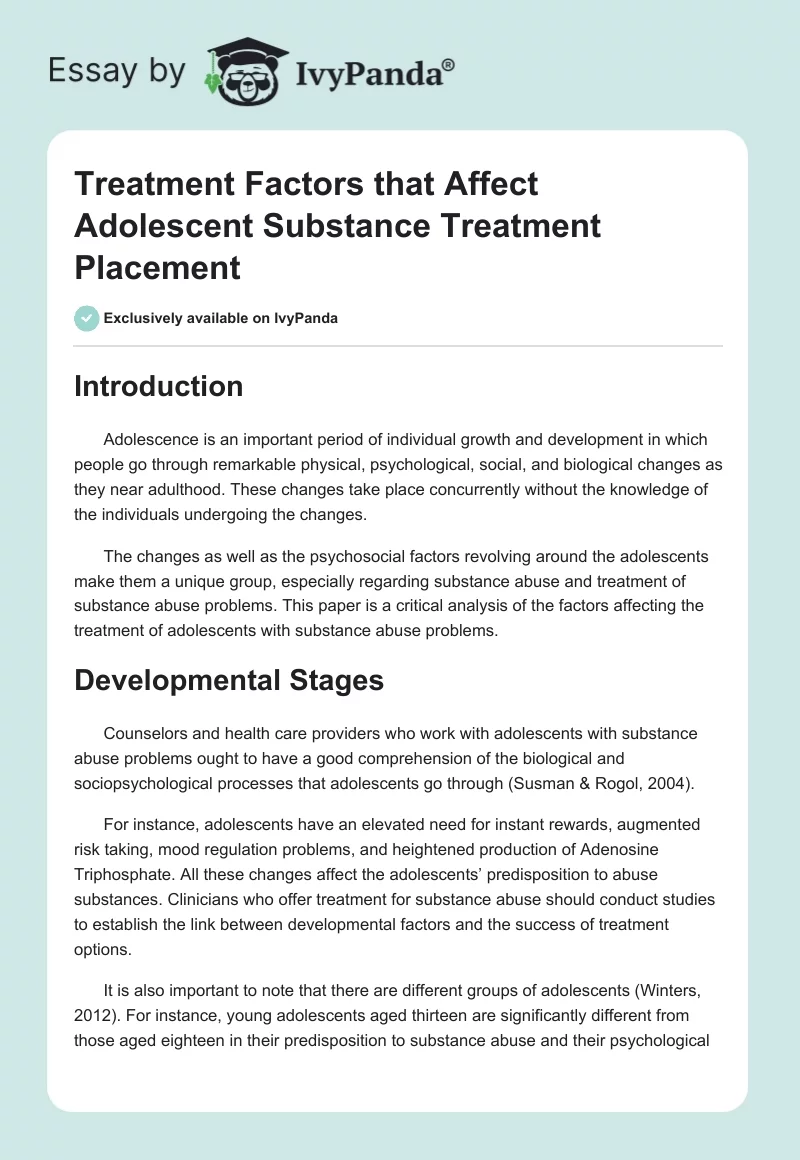 Treatment Factors that Affect Adolescent Substance Treatment Placement. Page 1