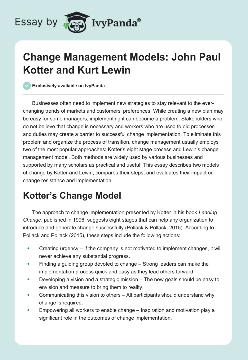 Change Management Models: John Paul Kotter and Kurt Lewin. Page 1
