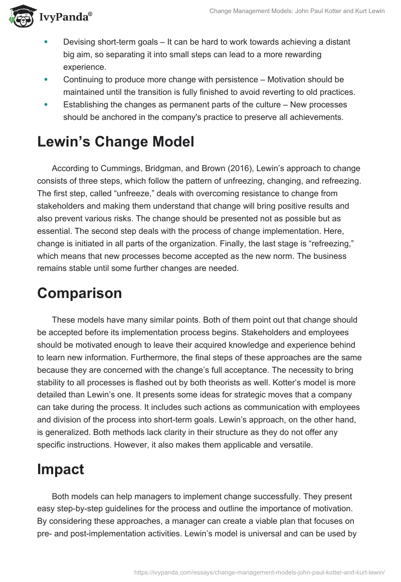 Change Management Models: John Paul Kotter and Kurt Lewin. Page 2