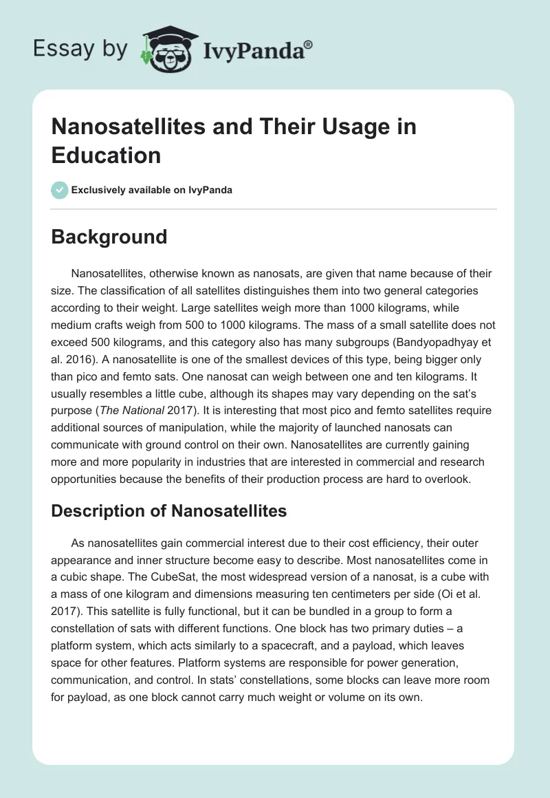 Nanosatellites and Their Usage in Education. Page 1