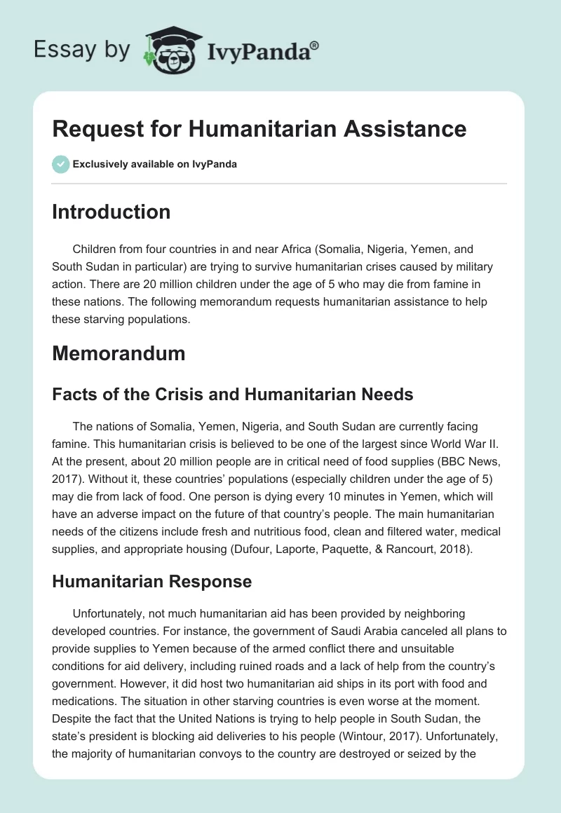 Request for Humanitarian Assistance. Page 1
