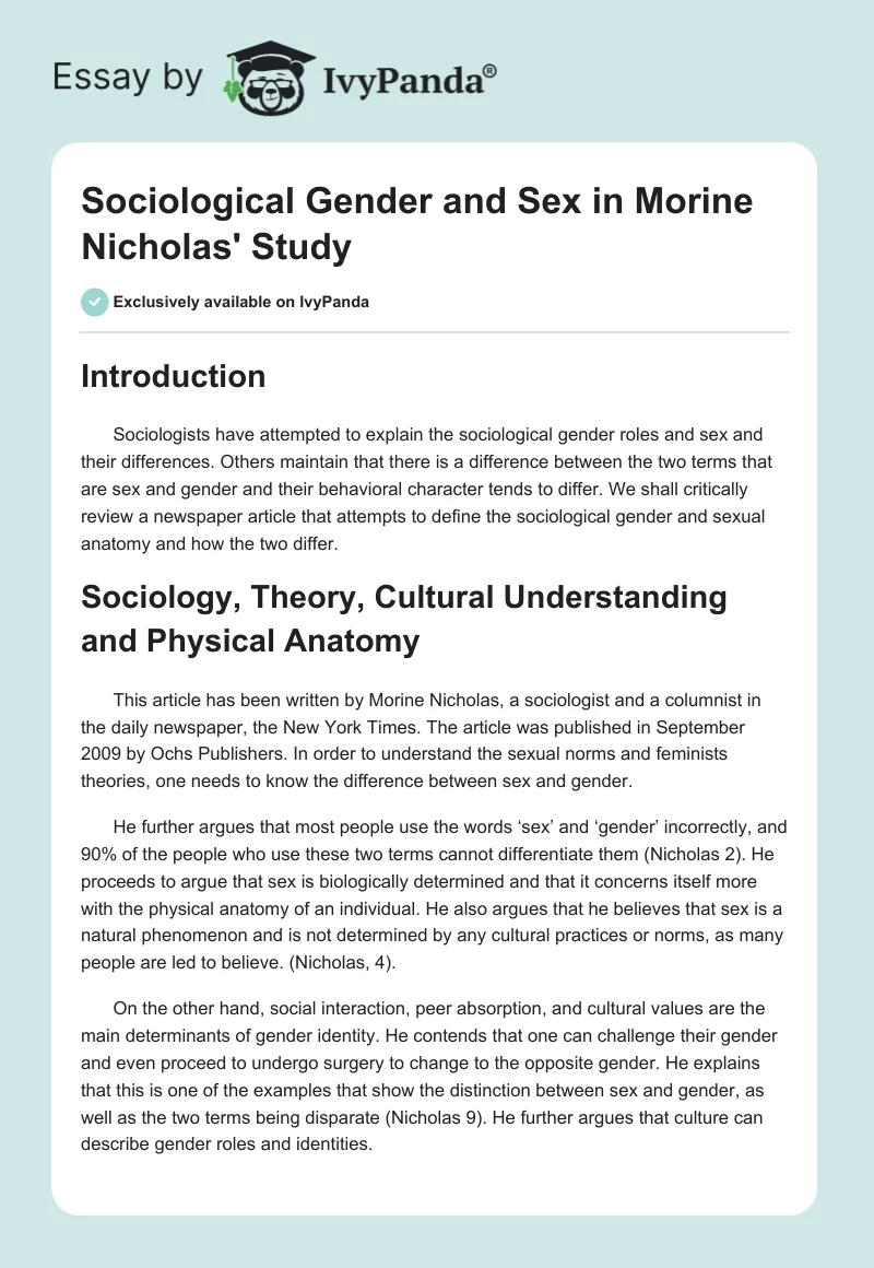 Sociological Gender and Sex in Morine Nicholas' Study. Page 1