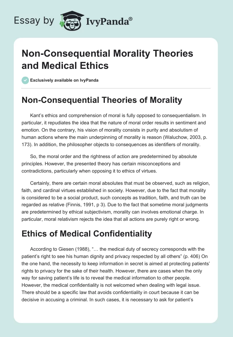 Non-Consequential Morality Theories and Medical Ethics. Page 1