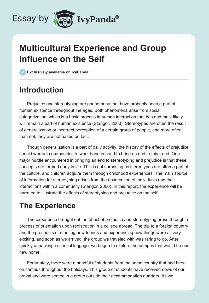 Multicultural Experience and Group Influence on the Self. Page 1