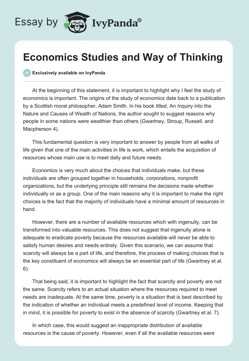 Economics Studies and Way of Thinking. Page 1