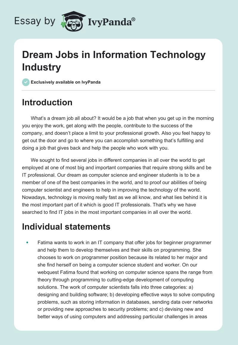 Dream Jobs in Information Technology Industry. Page 1