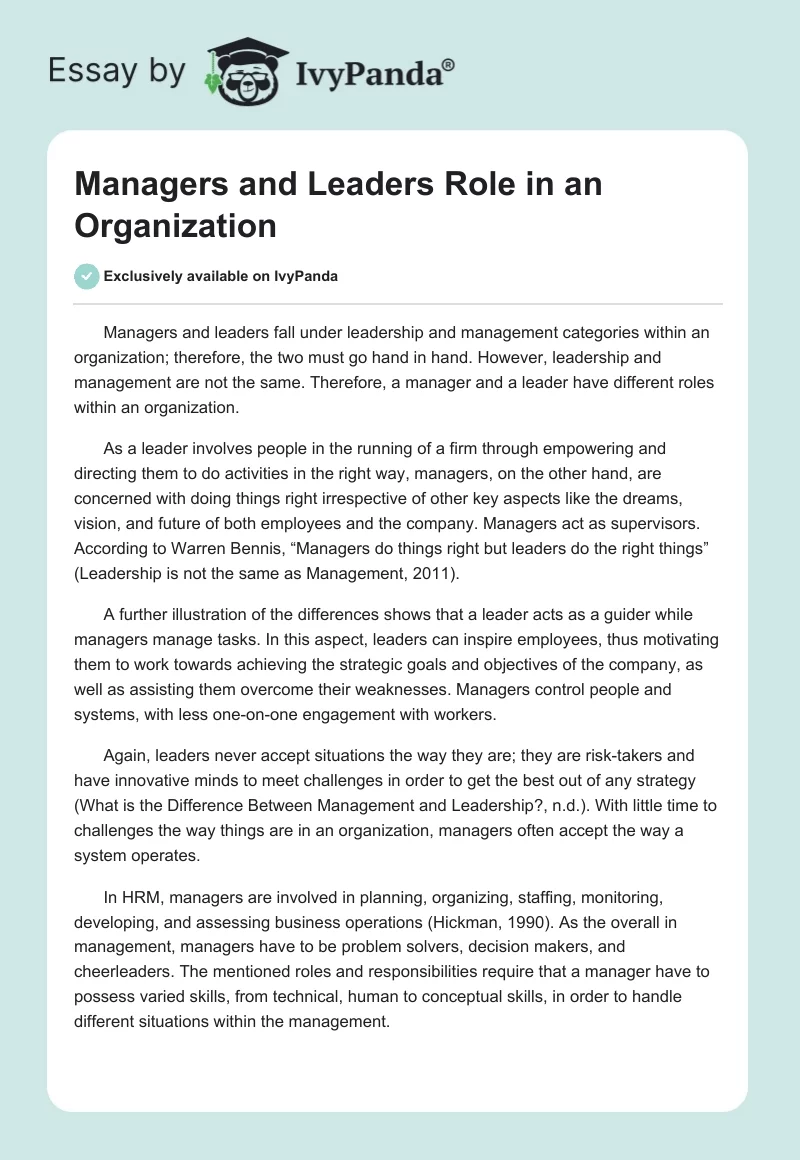 Managers and Leaders Role in an Organization. Page 1