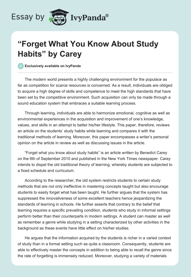 “Forget What You Know About Study Habits” by Carey. Page 1