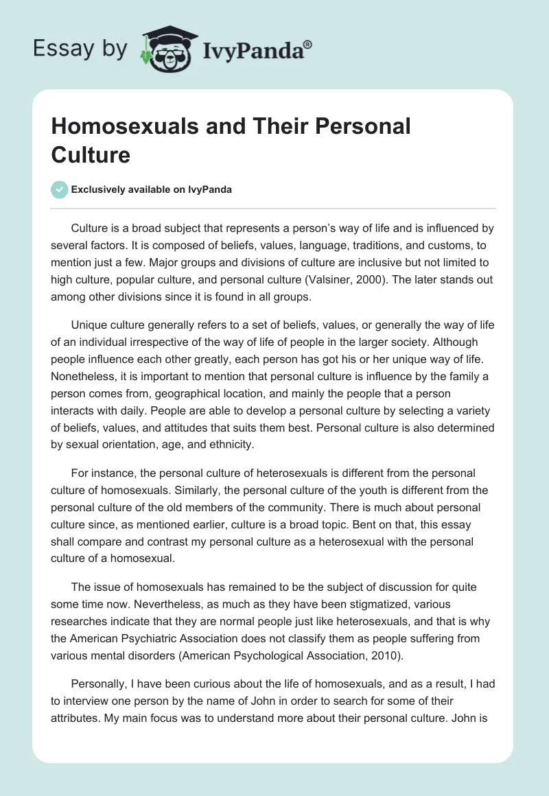 Homosexuals and Their Personal Culture. Page 1