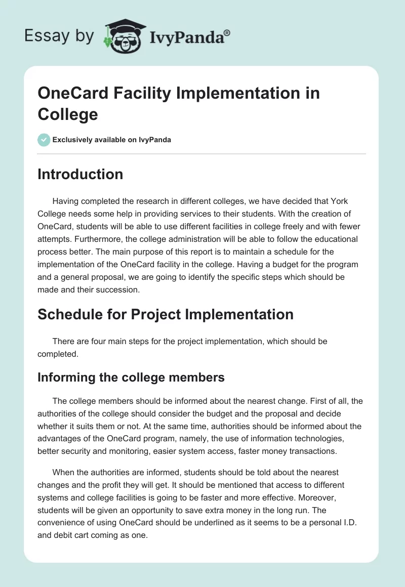 OneCard Facility Implementation in College. Page 1