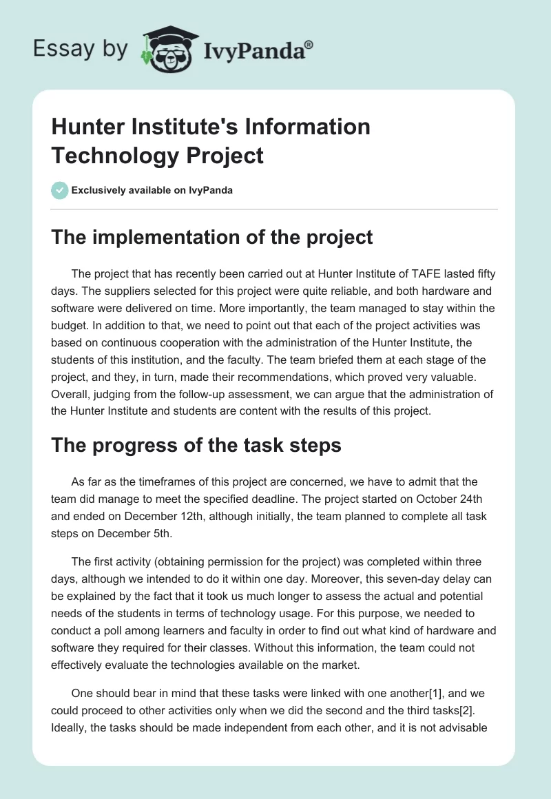 Hunter Institute's Information Technology Project. Page 1