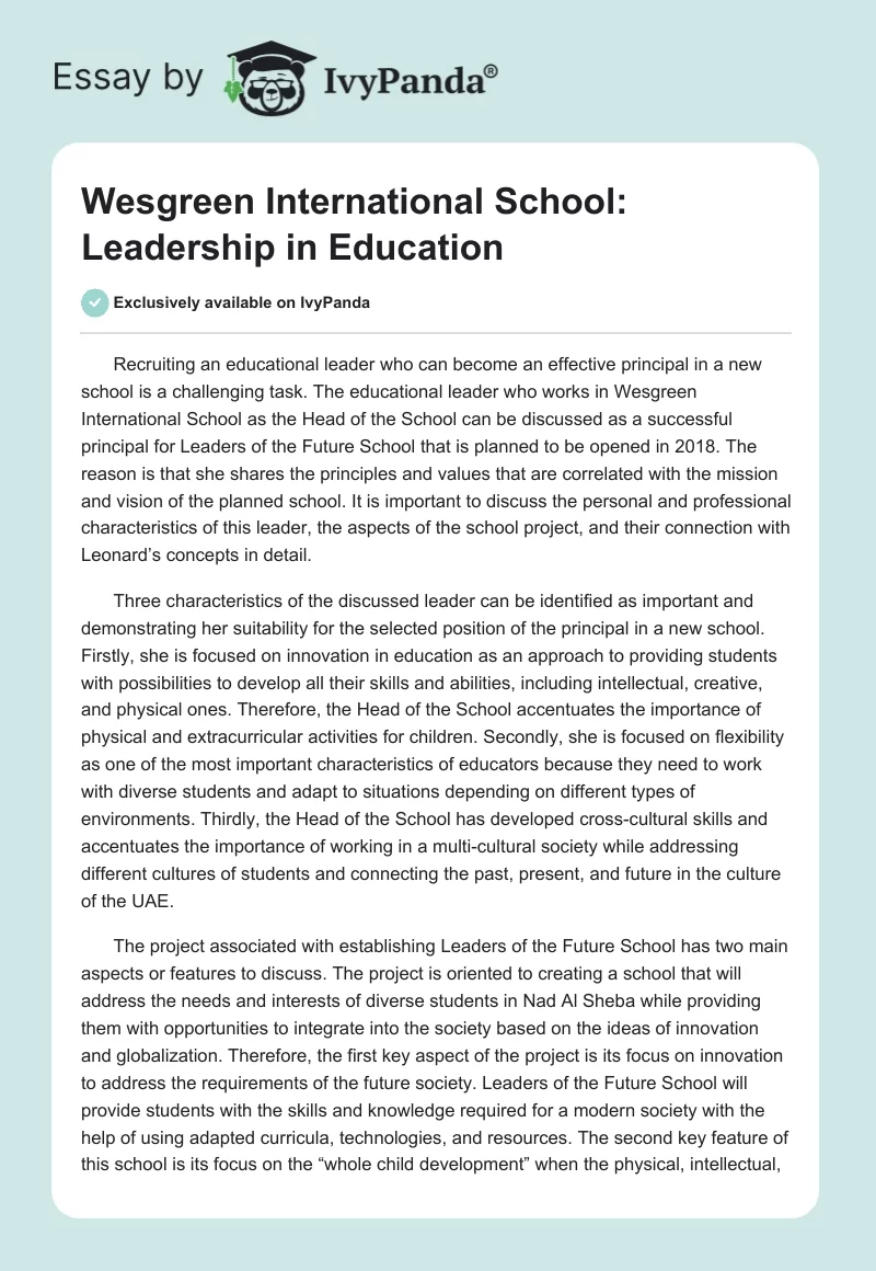 Wesgreen International School: Leadership in Education. Page 1