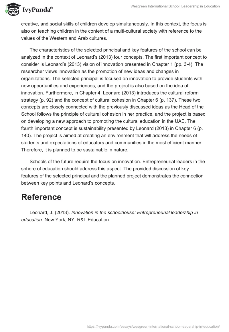 Wesgreen International School: Leadership in Education. Page 2